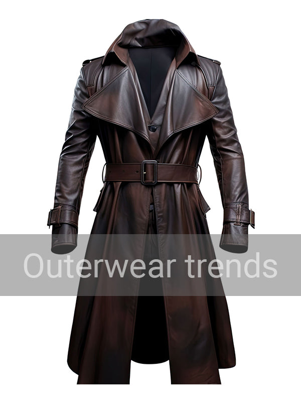 Dark Brown Lapel Collar Leather Trench Coat