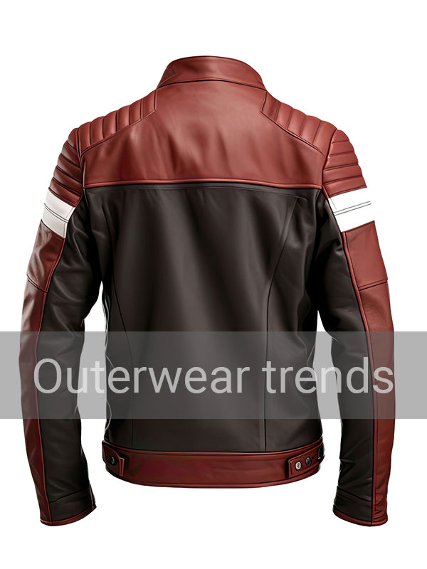 Maroon Brown Biker Quilted Leather Jacket Mens
