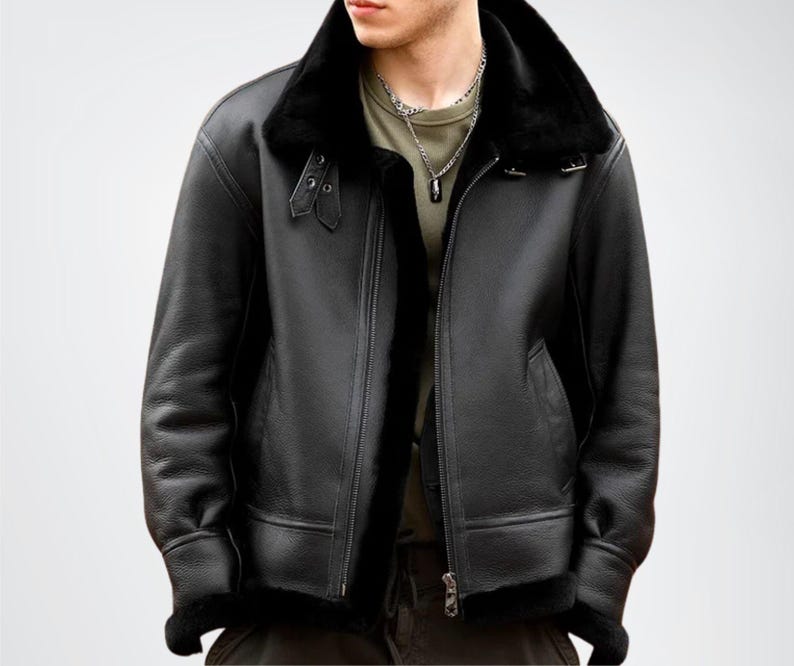 Mens Black Aviator Genuine Leather Shearling Jacket