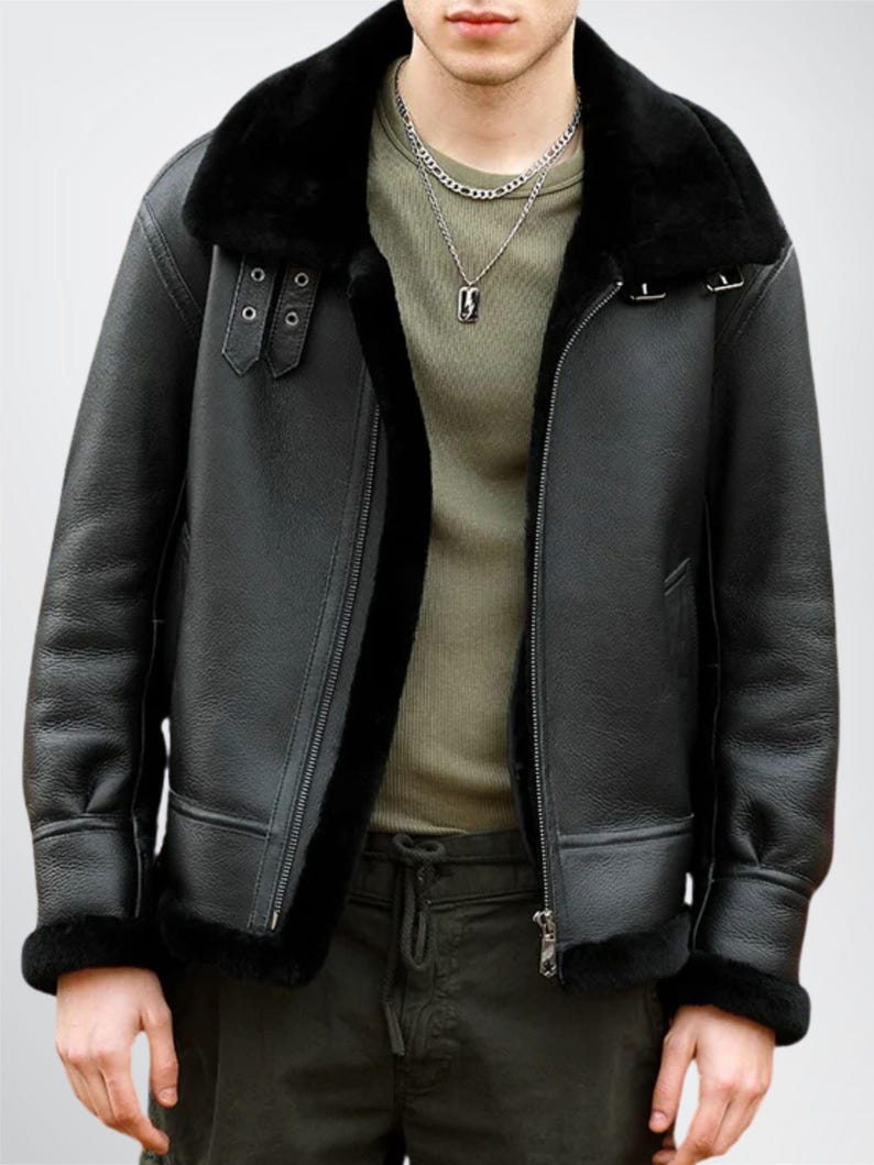 Mens Black Aviator Genuine Leather Shearling Jacket