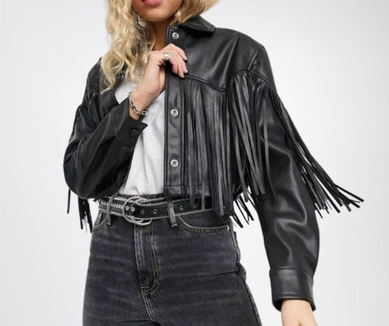 Womens Black Biker Finges Leather Jacket