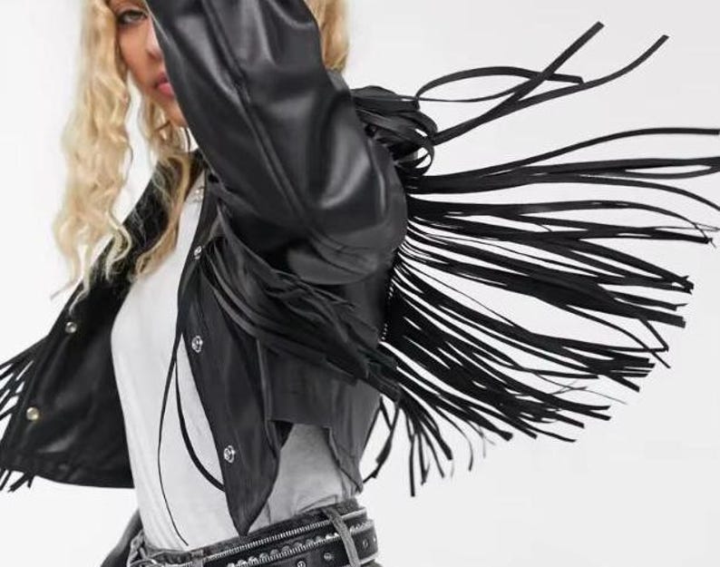 Womens Black Biker Finges Leather Jacket