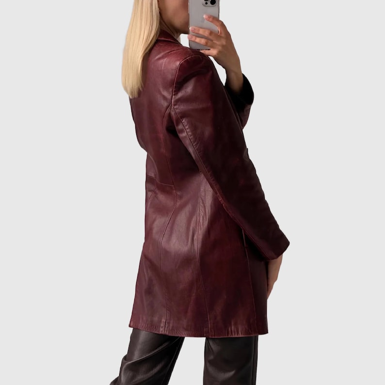 90s Vintage Women Burgundy Leather Trench Coat