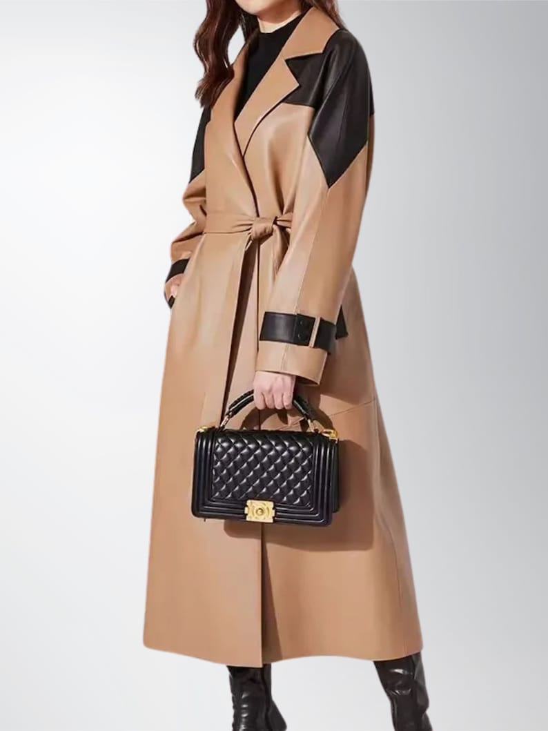 Womens Brown Sheepskin Leather Open Style Long Coat