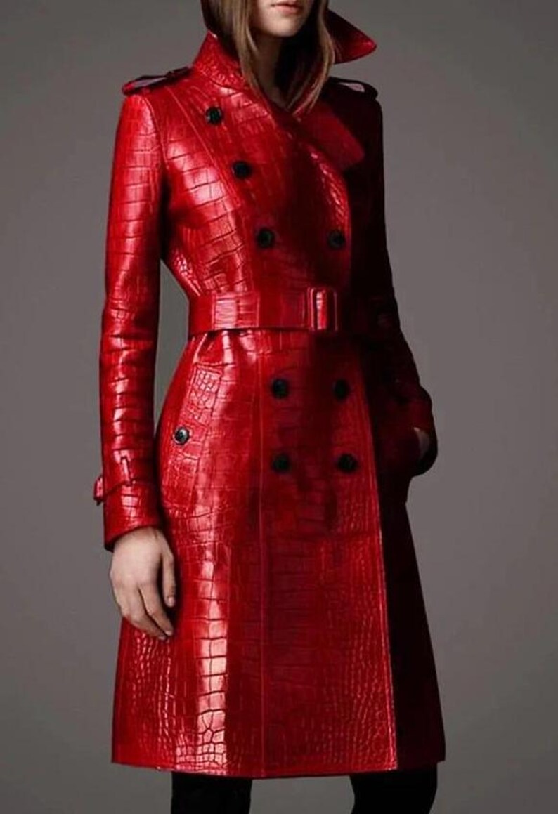 Womens Crocodile Pattern Leather Trench Coat