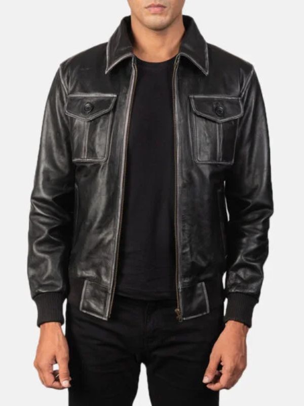 Outerwear Trends Aaron Black Leather Bomber Jacket