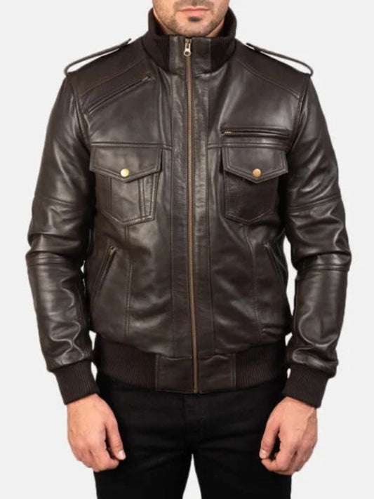Outerwear Trends Agent Shadow Brown Leather Bomber Jacket