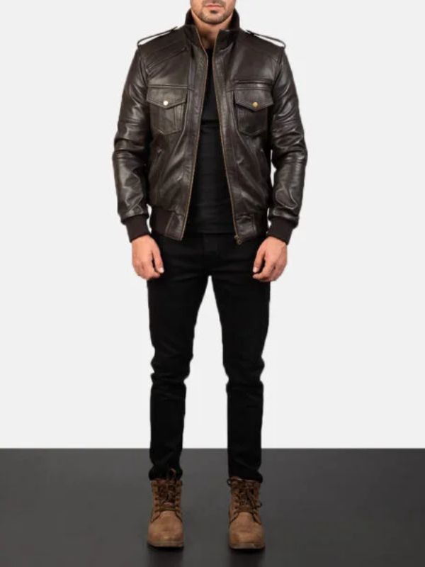 Outerwear Trends Agent Shadow Brown Leather Bomber Jacket