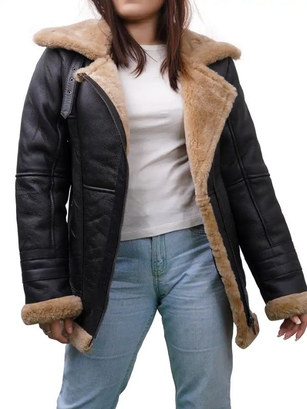 Outerwear Trends Annie Black Leather Shearling Jacket