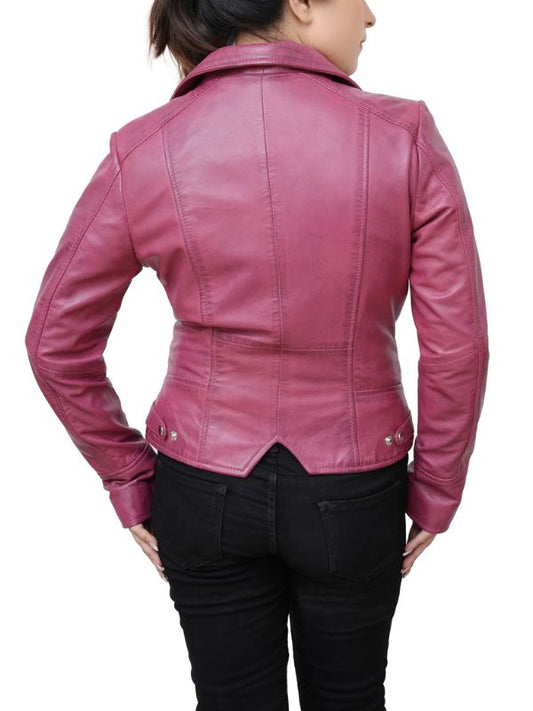 Outerwear Trends Ariella Real Sheepskin Pink Leather Biker Jacket