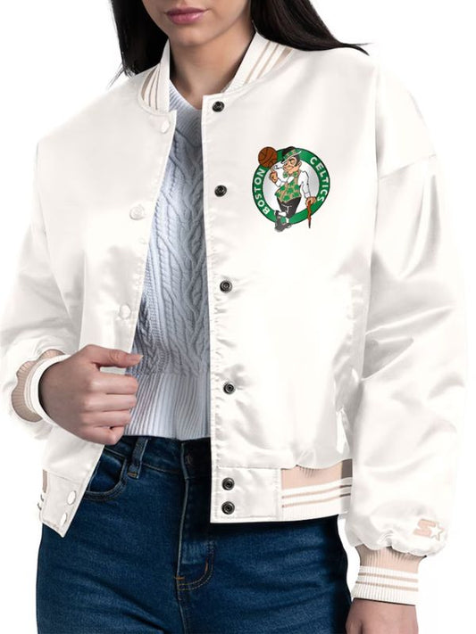 Outerwear Trends Boston Celtics Starter Cream Printed Logo Varsity Jacket