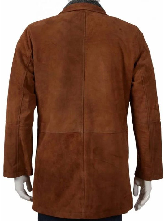 Outerwear Trends Brown Long Suede Leather Coat With Shearling Collar