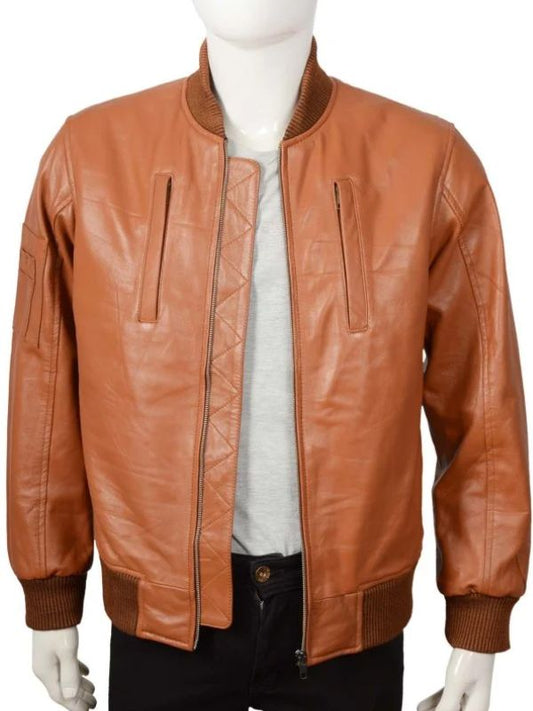 Outerwear Trends Camel Brown Bomber Leather Jacket With Rib Knit For Men