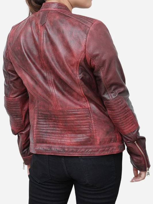Outerwear Trends Camila Fitted Style Distressed Maroon Leather Biker Jacket