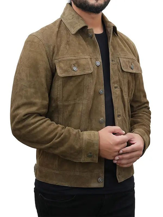 Outerwear Trends Corey Olive Green Suede Trucker Jacket