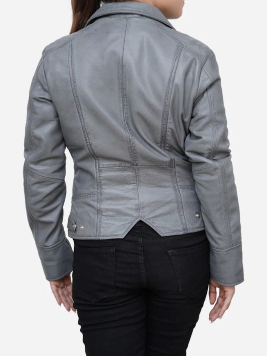 Outerwear Trends Gianna Real Sheepskin Gray Leather Moto Jacket