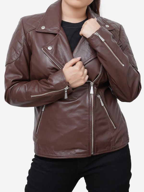 Outerwear Trends Hailey Stylish Quilted Brown Biker Leather Jacket