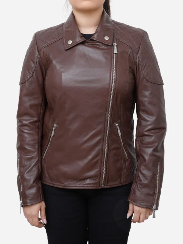Outerwear Trends Hailey Stylish Quilted Brown Biker Leather Jacket