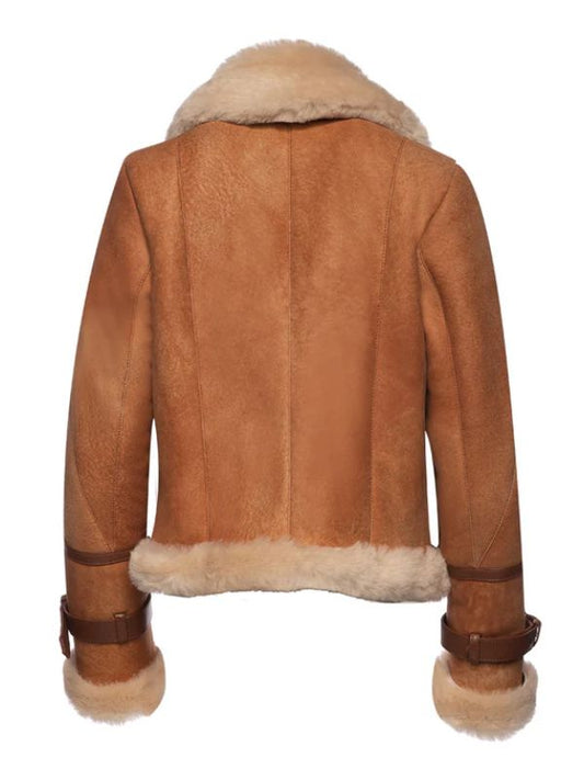 Outerwear Trends Kristy Vintage Cognac Womens Crop Shearling Bomber Jacket