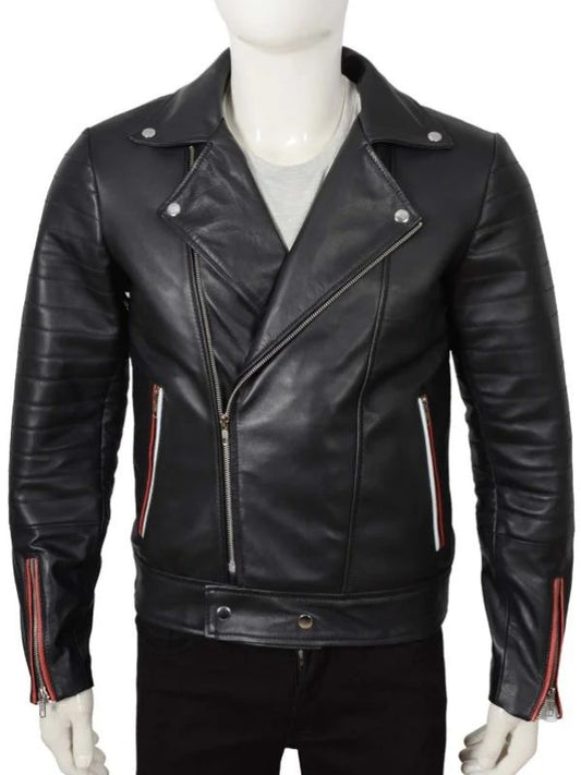 Outerwear Trends Long Flap Collar Real Leather Black Biker Jacket For Men