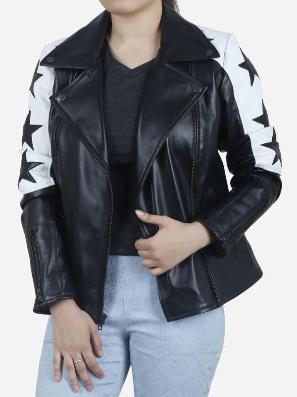Outerwear Trends Maura Women's Black Motorcycle Leather Jacket with Star Patches