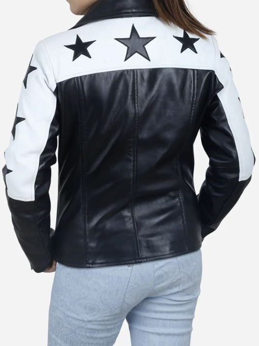 Outerwear Trends Maura Women's Black Motorcycle Leather Jacket with Star Patches