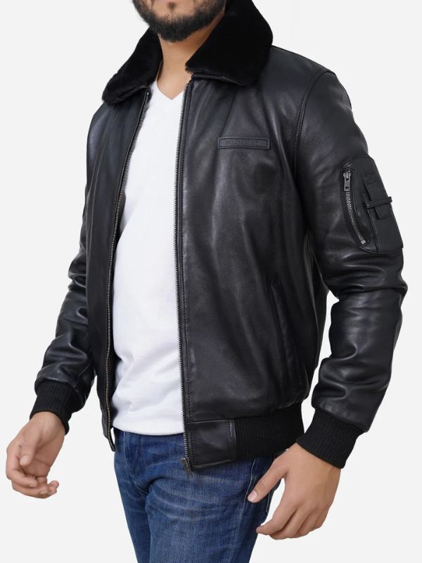 Outerwear Trends Men Black Shearling Collar Bomber Leather Jacket