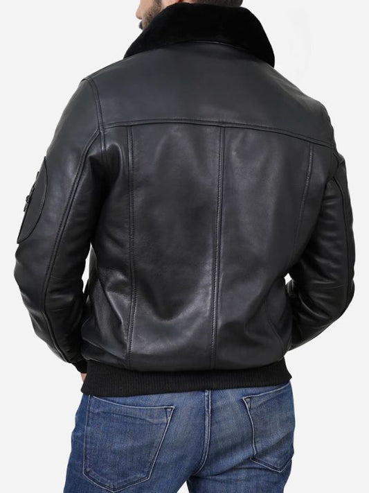 Outerwear Trends Men Black Shearling Collar Bomber Leather Jacket