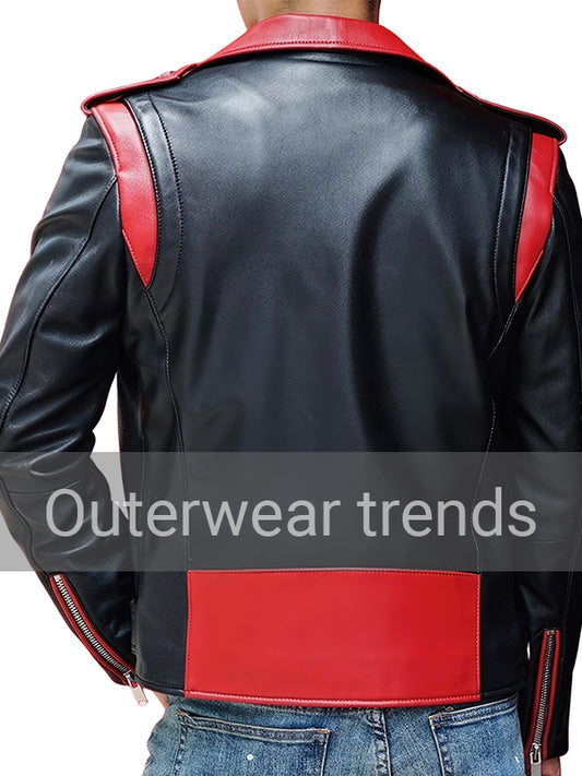 Outerwear Trends Men’s Black Biker Red Lapel Collar Leather Jacket