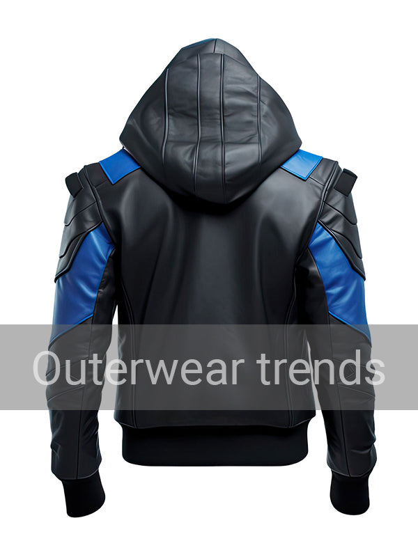 Outerwear Trends Men's Blue and Black Punk Hooded Bomber Leather Jacket