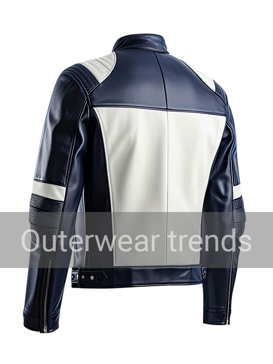 Outerwear Trends Men’s Navy Blue White Quilted Cafe Racer Leather Jacket