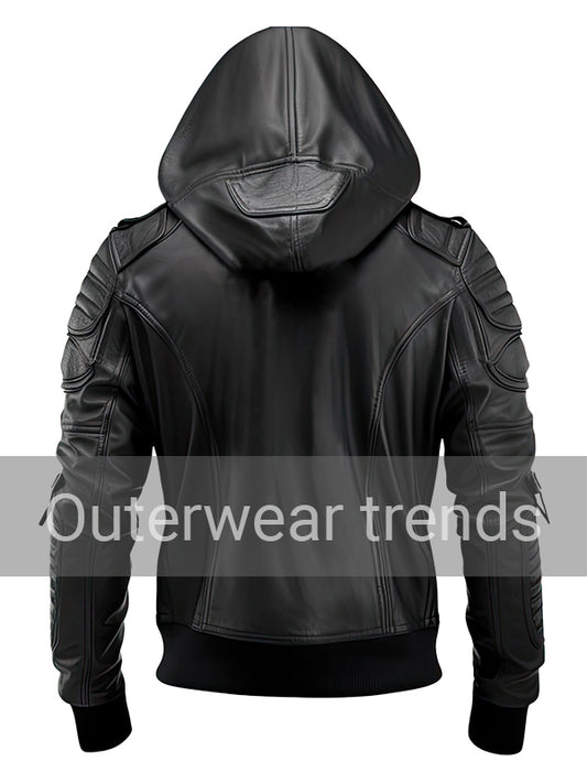 Outerwear Trends Men’s Stylish Hooded Black Genuine Leather Bomber Jacket