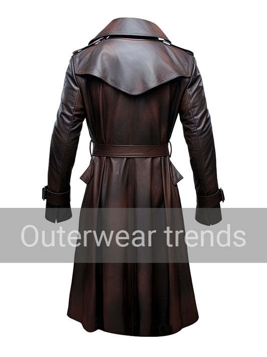 Outerwear Trends Mens Dark Brown Lapel Collar Leather Trench Coat