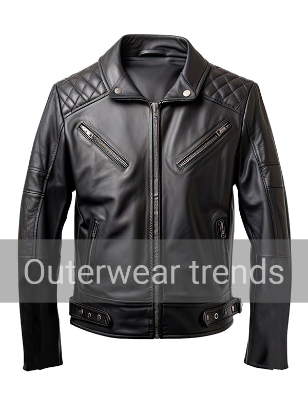 Outerwear Trends Mens Diamond Quilted Shirt Collar Black Biker Jacket