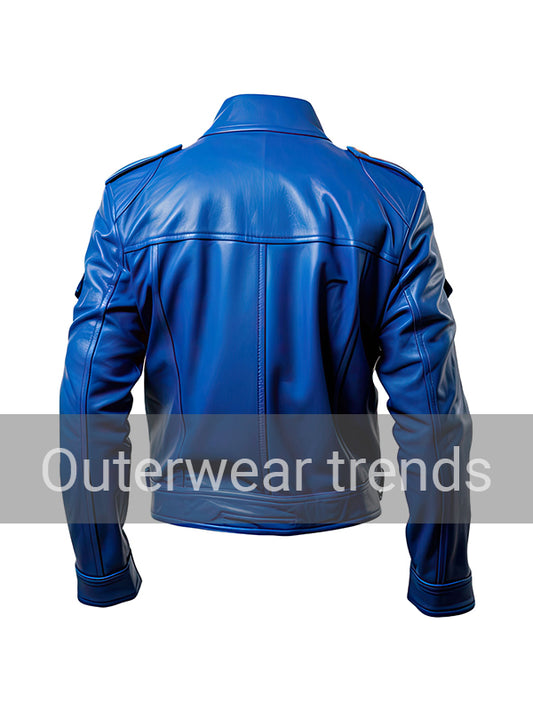 Outerwear Trends Mens Royal Blue Smooth Soft Trucker Leather Jacket