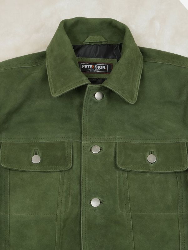 Outerwear Trends Nicholas Suede Green Trucker Leather Jacket