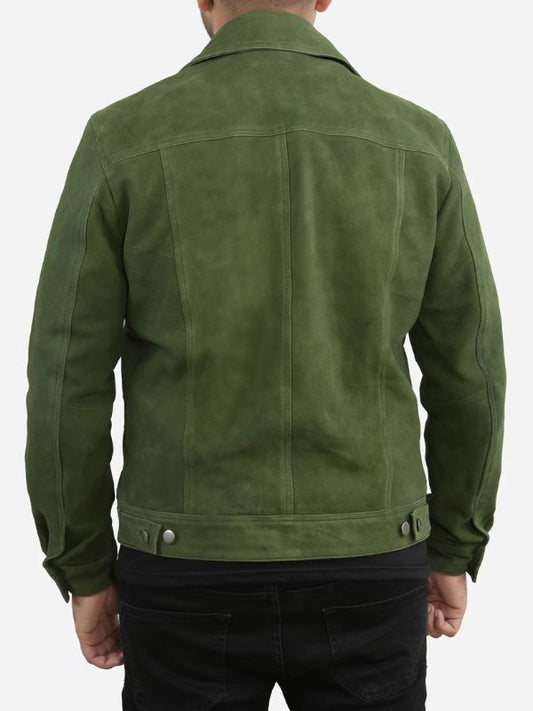 Outerwear Trends Nicholas Suede Green Trucker Leather Jacket