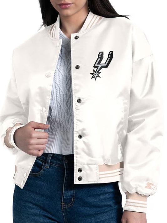 Outerwear Trends San Antonio Spurs Starter Cream Printed Logo Varsity Jacket