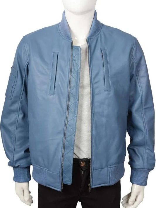 Outerwear Trends Simple Blue Bomber Leather Jacket With Rib Knit For Men