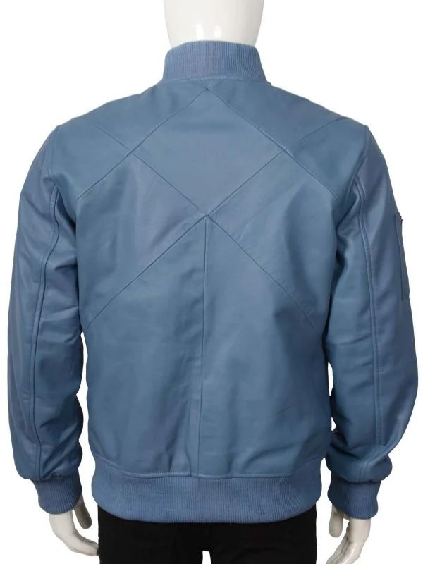 Outerwear Trends Simple Blue Bomber Leather Jacket With Rib Knit For Men