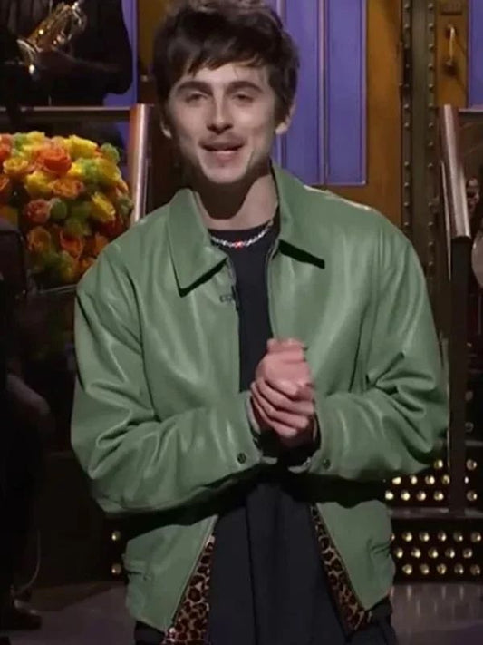 Outerwear Trends Timothée Chalamet Saturday Night Live Green Leather Jacket