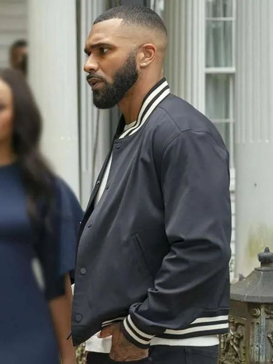 Outerwear Trends Tyler Perrys Duplicity 2025 Tyler Lepley Black Varsity Jacket