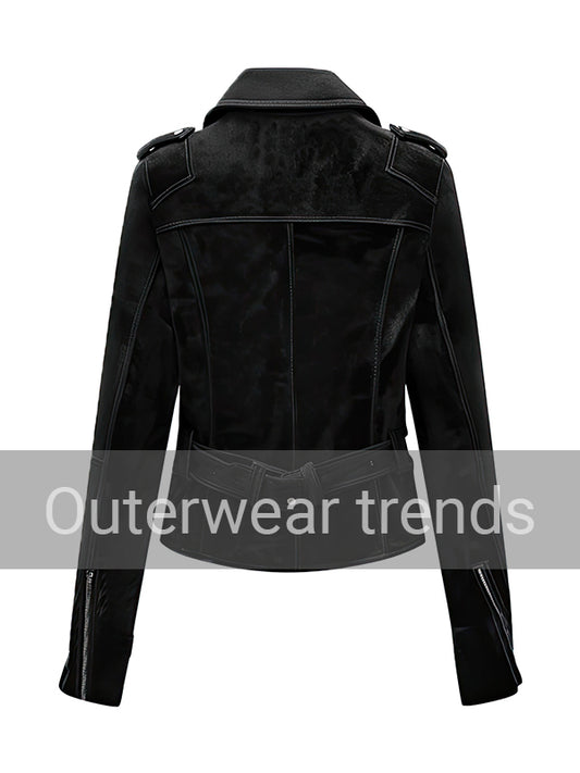 Outerwear Trends Women's Black Motorbike Genuine Suede Jacket