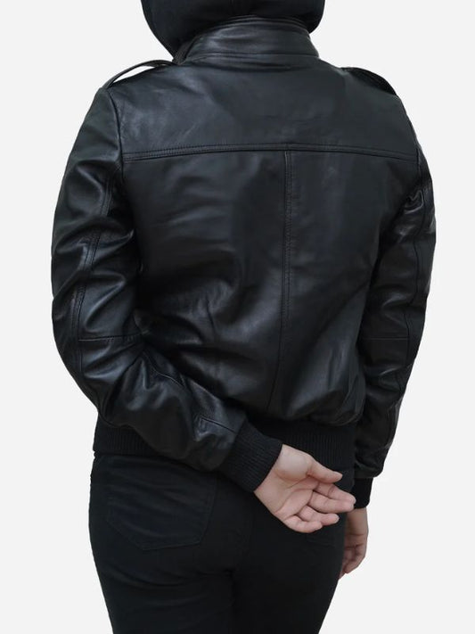 Outerwear Trends Women's Black Real Lambskin Leather Hooded Jacket