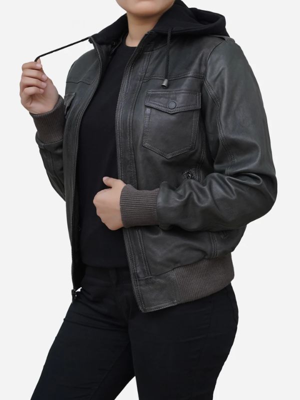 Outerwear Trends Women's Grey Real Lambskin Leather Hoodie Jacket