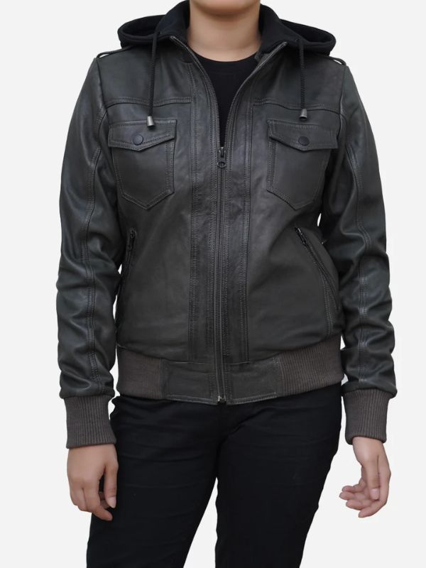 Outerwear Trends Women's Grey Real Lambskin Leather Hoodie Jacket