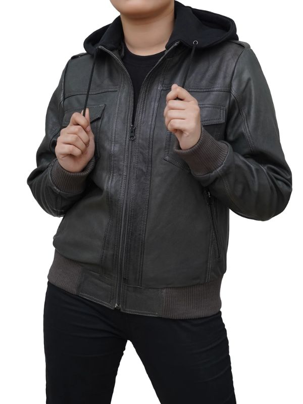 Outerwear Trends Women's Grey Real Lambskin Leather Hoodie Jacket