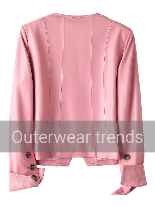 Outerwear Trends Women’s Lady Cropped Pink Leather Jacket