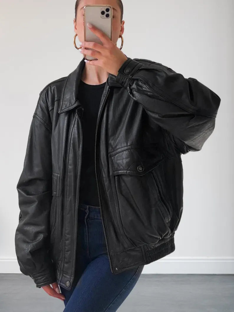Outerwear Trends Womens 90s Oversized Black Bomber Leather Jacket