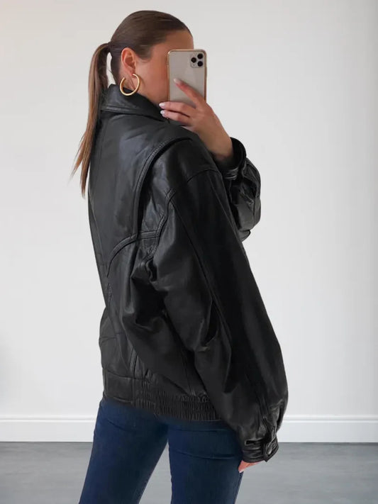 Outerwear Trends Womens 90s Oversized Black Bomber Leather Jacket
